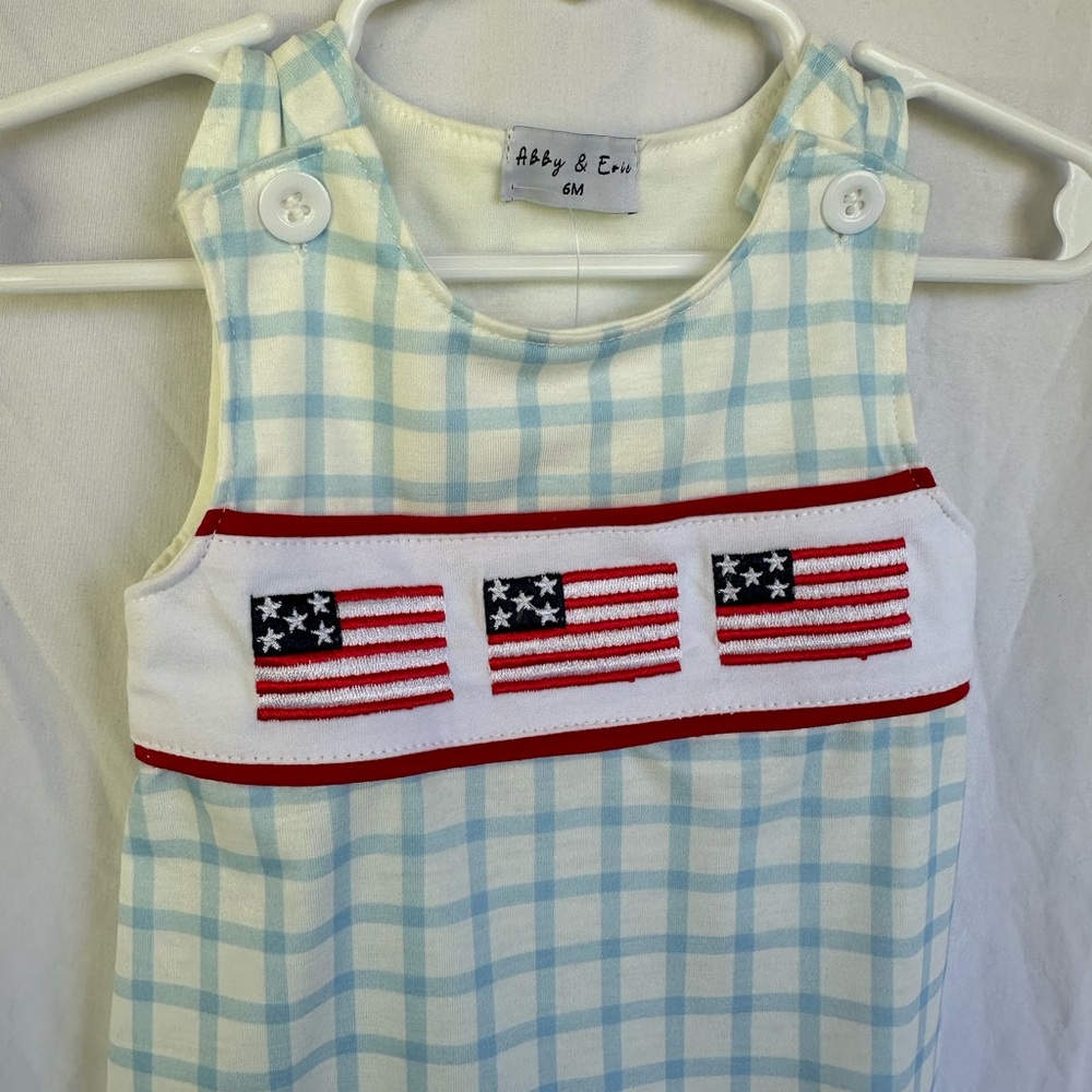 Light Blue Gingham Romper with Embroidered Flags